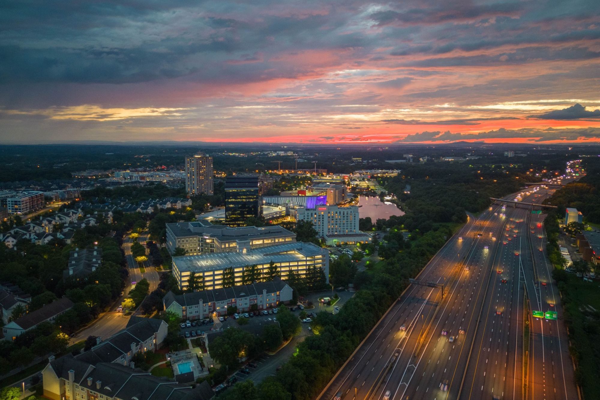Aerial view of Gaithersburg, Maryland at sunset