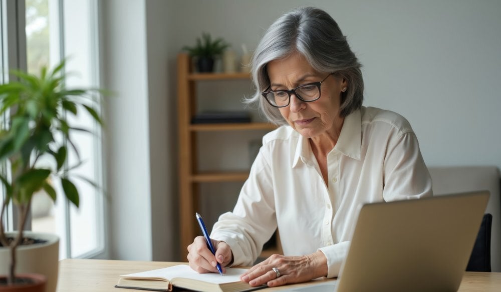 woman wearing glasses writing in notebook